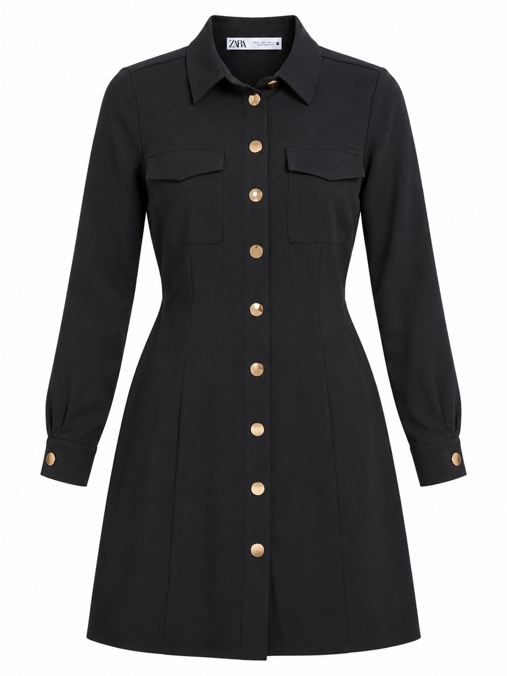 ZARA | Black Gold Button Tailored Utility Shirt Dress Long Sleeve Pockets | XL